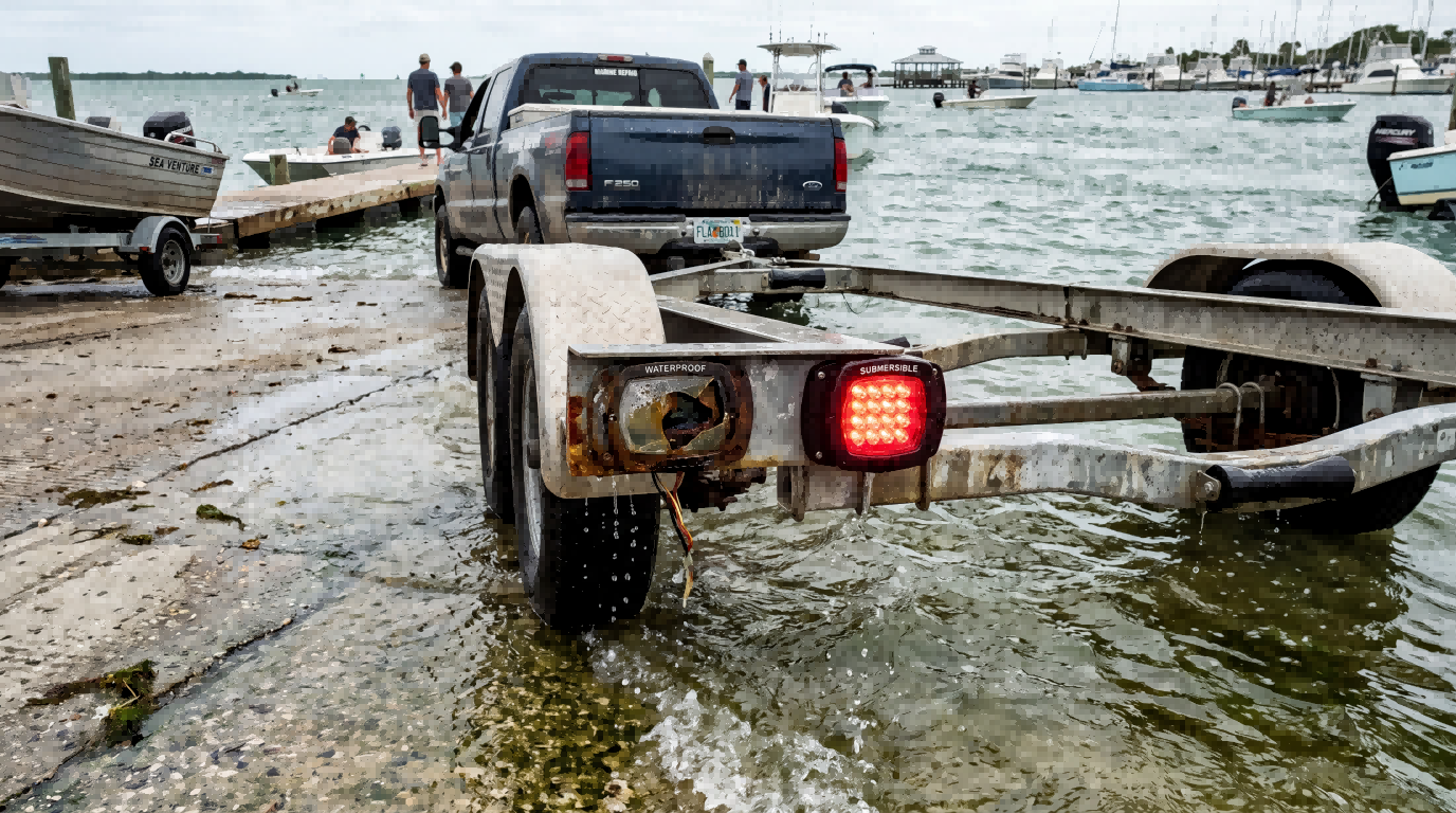 Boat trailer at a launch ramp showing real-world marine light performance differences between waterproof and submersible trailer lights